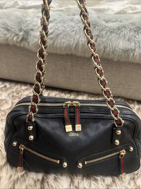 GUCCI Black Soft Leather Shoulder Bag with Red-Green Web and Gold GUCCI Hardware